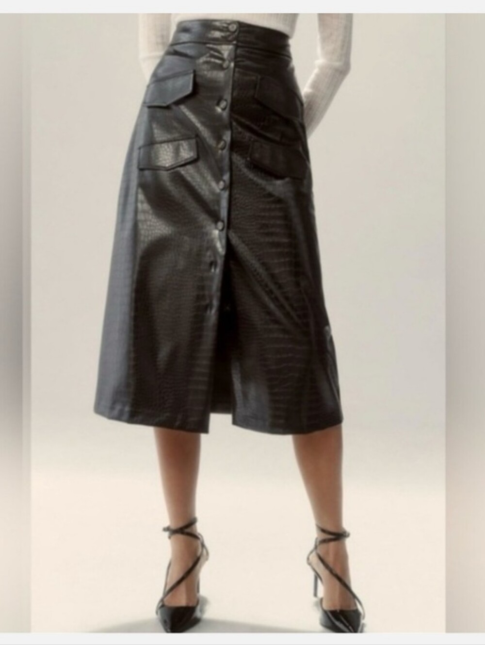 New Mare Mare x Anthropologie Black Faux Croc Midi Skirt Faux Leather Medium